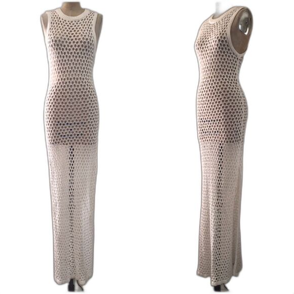 LNA Clothing Cream Open Knit Crochet Sleeveless Sheer Long Maxi Dress XS - Picture 2 of 7